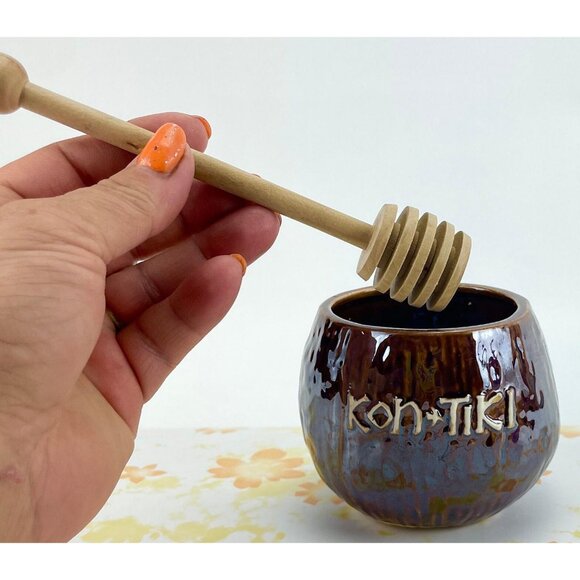 Vintage 60s honey jar, Kon Tiki pottery with wooden spoon, no lid - Picture 2 of 9